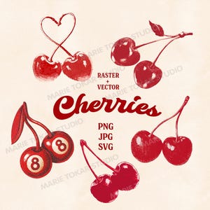 Puede incluir: Una ilustración digital de cerezas rojas en varios arreglos. Algunas cerezas están emparejadas con una forma de corazón, mientras que otras están emparejadas con el número ocho. El texto "Cherries" está escrito en una fuente retro.