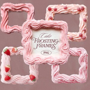 Op de afbeelding: Een verzameling roze cakeglazuurframes, sommige versierd met aardbeien en frambozen. Het centrale frame toont de tekst "Cake Frosting Frames PNG". De frames hebben een vierkante vorm met een swirl glazuurontwerp.