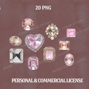 May include: An assortment of gemstones in various shapes and colors, including pink, clear, and gold, are arranged on a brown background. The image includes text that reads "high res", "20 PNG", "300 DPI", and "PERSONAL & COMMERCIAL LICENSE".