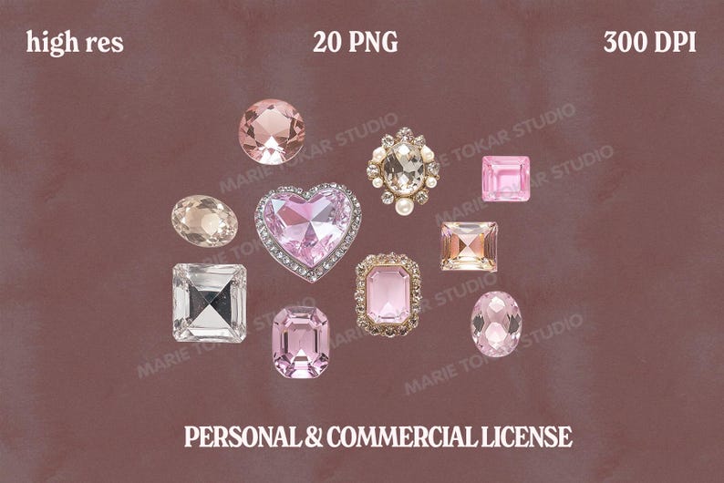 May include: An assortment of gemstones in various shapes and colors, including pink, clear, and gold, are arranged on a brown background. The image includes text that reads "high res", "20 PNG", "300 DPI", and "PERSONAL & COMMERCIAL LICENSE".