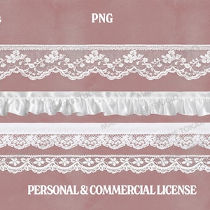 May include: An assortment of white lace and fabric trims. The image displays various designs, including floral lace, ruffled satin, and simple bands. Text includes "high res", "PNG", "300 DPI", and "PERSONAL & COMMERCIAL LICENSE".