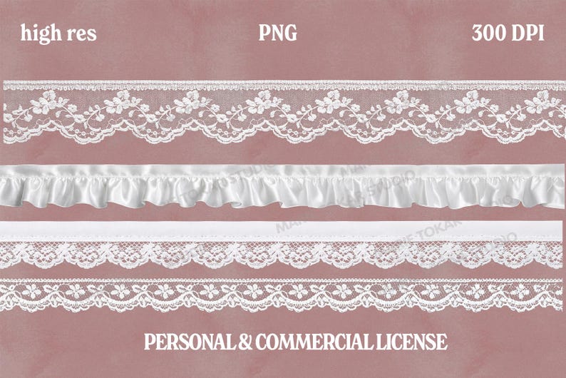May include: An assortment of white lace and fabric trims. The image displays various designs, including floral lace, ruffled satin, and simple bands. Text includes "high res", "PNG", "300 DPI", and "PERSONAL & COMMERCIAL LICENSE".