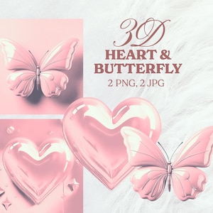 May include: Two 3D images of a pink heart and a pink butterfly. The heart is shiny and the butterfly has delicate wings. The text "3D HEART & BUTTERFLY 2 PNG, 2 JPG" is displayed above the images.