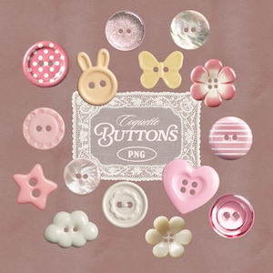 以下が含まれることがあります： ピンク、白、黄色など、さまざまな形と色の装飾ボタンのコレクション。ボタンには、水玉模様、星、ハート、花などのデザインがあります。画像には「Coquette Buttons PNG」というテキストが含まれています。