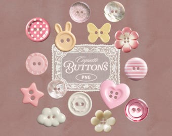 Coquette Buttons PNG Set | 15 Realistic Pink & Pastel Buttons | Cute Clipart for Scrapbooking, Shabby Chic, Craft, Sewing Coquette Design