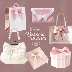 Könnte beinhalten: Eine Sammlung von Taschen und Schachteln im Coquette-Stil in Rosa- und Weißtönen. Enthält eine weiße Papiertüte mit rosa Schleife, eine rosa Clutch mit weißer Schleife, eine Handtasche mit Perlenhenkel und großer Schleife, eine Tragetasche mit rosa Schleife, eine Geschenkbox und eine quadratische Box.