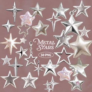 May include: A collection of various metallic star shapes in silver, gold, and iridescent finishes. Some stars are solid, others are open, and some have embellishments. The image includes the text "METAL STARS" and "30 PNG".