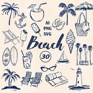 May include: Navy blue hand-drawn illustrations of beach items, including palm trees, surfboards, and an ice cream cone, with the word "Beach". Other elements include a sailboat, sunglasses, and a lighthouse.