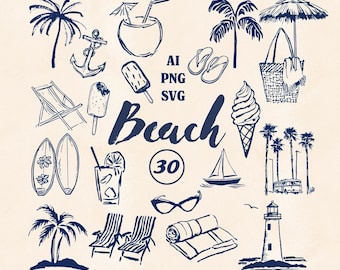 30 handritade kuststrand- och palmträdsillustrationer, bunt SVG AI PNG, sommarclipart, linjeteckningar, tropisk semester, digital nedladdning, hav