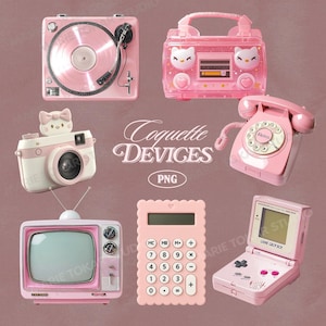 May include: A collection of pink retro-style devices, including a record player, radio, camera, telephone, television, calculator, and handheld game console. The image has the text "Coquette Devices" and "PNG".