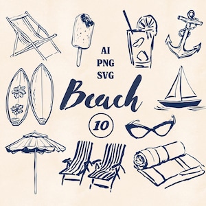 10 Whimsical Hand-drawn Beach Illustrations in Line Art Style PNG & SVG – Summer Coastal Clipart with Anchor, Umbrella, Chair, Boat, Surf