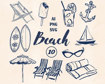 10 Whimsical Hand-drawn Beach Illustrations in Line Art Style PNG & SVG – Summer Coastal Clipart with Anchor, Umbrella, Chair, Boat, Surf