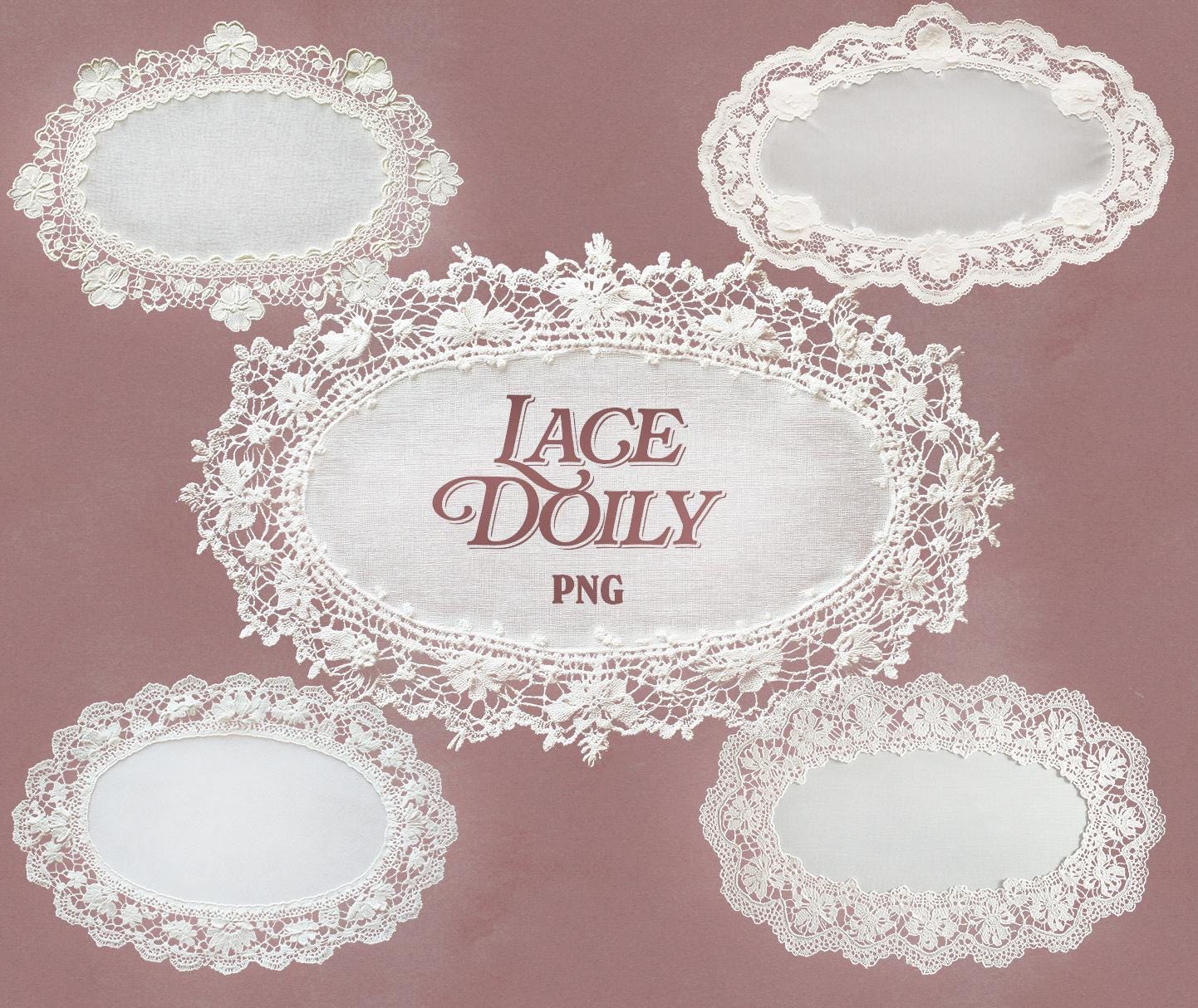 Lace Doily Clipart Set of 5 Oval PNGs with Transparent Background for Vintage Crafts & Scrapbooking, Digital Handkerchief Decor, Weddings