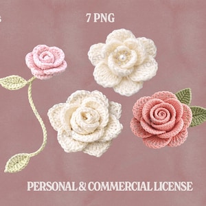 Puede incluir: Una colecci&oacute;n de flores de ganchillo hechas a mano en varios colores, incluyendo rosa y crema. La imagen incluye una rosa con tallo y hojas, y varios otros dise&ntilde;os florales. El fondo es de color rosa apagado.