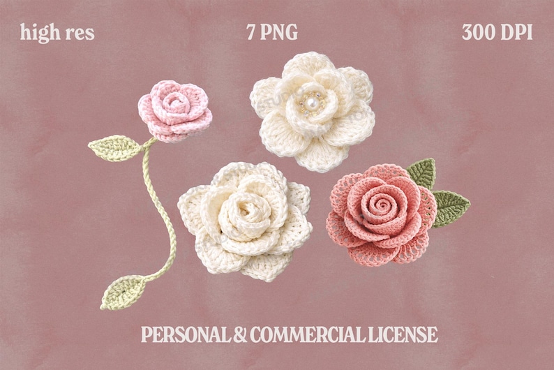 Puede incluir: Una colecci&oacute;n de flores de ganchillo hechas a mano en varios colores, incluyendo rosa y crema. La imagen incluye una rosa con tallo y hojas, y varios otros dise&ntilde;os florales. El fondo es de color rosa apagado.