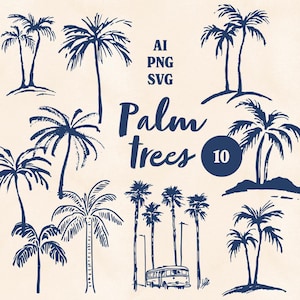 Lot de 10 cliparts lunatiques palmiers dessin au trait plage tropicale été esthétique SVG & PNG vintage dessin vectoriel vintage pour sublimation côtière