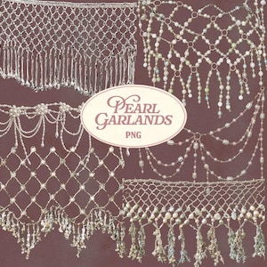 May include: An assortment of pearl garlands in various designs, including netted and fringed styles. The image features a variety of pearl strands and decorative elements, with the text "Pearl Garlands PNG" in an oval. The background is a muted maroon color.