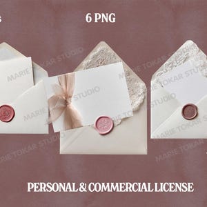 Pode incluir: Tr&ecirc;s envelopes marfim com cart&otilde;es em branco, com selos de cera e elementos decorativos. Um envelope tem um selo vermelho, outro um selo rosa e uma fita, e o terceiro tem um selo castanho e uma guarni&ccedil;&atilde;o de renda. A imagem inclui o texto "high res", "6 PNG" e "300 DPI".