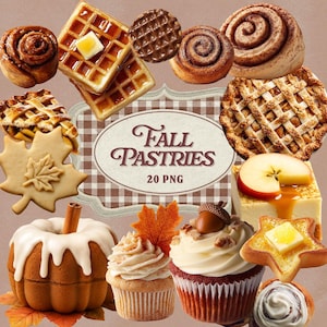Puede incluir: Una variedad de pasteles de otoño, incluyendo gofres con mantequilla y sirope, rollos de canela, tarta de manzana, cupcakes y un pastel con forma de calabaza. La imagen incluye el texto "Fall Pastries 20 PNG".