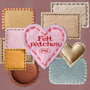 Könnte beinhalten: Eine Sammlung von Filzaufnähern in verschiedenen Formen und Farben, darunter Rechtecke, Quadrate und Herzen. Die Aufnäher sind in Rosa-, Gelb-, Braun- und Blautönen gehalten und haben genähte Kanten. Der Text "Felt patches PNG" befindet sich auf einem rosa Herzen.