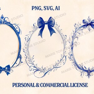 May include: Three blue and white oval frames with ornate designs. Each frame features a blue bow at the top. The frames are isolated on a white background.  The text "high res", "PNG, SVG, AI", and "300 DPI" are at the top of the image. The text "PERSONAL & COMMERCIAL LICENSE" is at the bottom of the image.