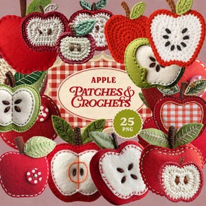 Pode incluir: Uma coleção de patches e designs de crochê com tema de maçã em vermelho, verde e branco. A imagem apresenta várias formas de maçã, algumas com detalhes de crochê, e o texto "APPLE PATCHES & CROCHETS" com "25 PNG" em um círculo verde.