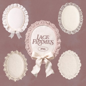 以下が含まれることがあります： さまざまなスタイルの楕円形のレースフレームの詰め合わせ。 フレームは、繊細なレースの縁取り、リボン、テキストや画像用の中心領域を備えています。 中央のフレームには「Lace Frames PNG」というテキストが表示されます。 カラーパレットには、白、クリーム、ペールピンクが含まれています。
