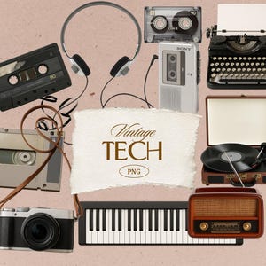 以下が含まれることがあります： カセットテープ、ヘッドフォン、タイプライター、レコードプレーヤー、カメラ、キーボード、ラジオなど、ヴィンテージの技術アイテムのコレクション。画像には「Vintage TECH PNG」というテキストが紙に書かれています。