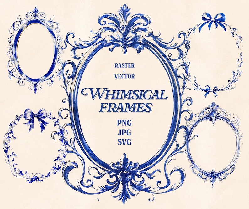 Blue Ink Hand Drawn Whimsical Frame Clipart Set in PNG, JPG, SVG, Ai ...