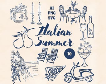 Conjunto de 10 ilustraciones de arte lineal de verano italiano (SVG y PNG) / Viajes por el Mediterráneo, gastronomía, scooter, vespa, playa, dibujo de la costa europea