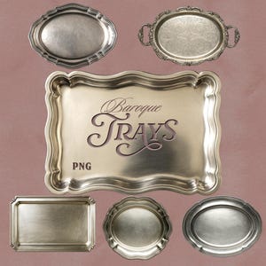 Puede incluir: Una colección de bandejas barrocas plateadas de varias formas y tamaños. La bandeja central presenta el texto "Baroque Trays" en una elegante escritura. Las bandejas tienen bordes y asas ornamentadas, perfectas para servir o exhibir.
