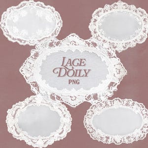 Lace Doily Clipart Set of 5 Oval PNGs with Transparent Background for Vintage Crafts & Scrapbooking, Digital Handkerchief Decor, Weddings