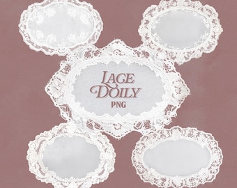 Lace Doily Clipart Set of 5 Oval PNGs with Transparent Background for Vintage Crafts & Scrapbooking, Digital Handkerchief Decor, Weddings