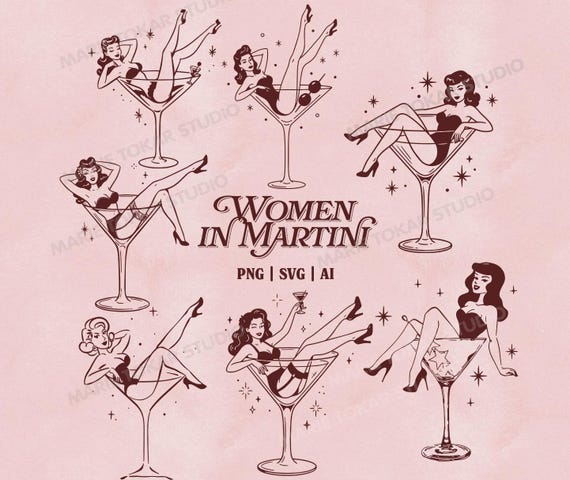 Women in Martini PNG SVG AI Bundle, Vintage Pin Up Women Clipart, Retro Cocktail Drink Girls Illustration Set, Bar Art Digital Download
