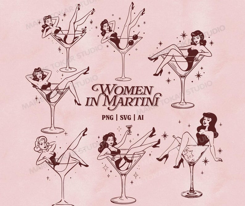 Op de afbeelding: Een sepia-getinte illustratie met meerdere vrouwen die in oversized martiniglazen liggen. De tekst "WOMEN IN MARTINI" staat gecentreerd, met "PNG | SVG | AI" eronder. De achtergrond is zachtroze.