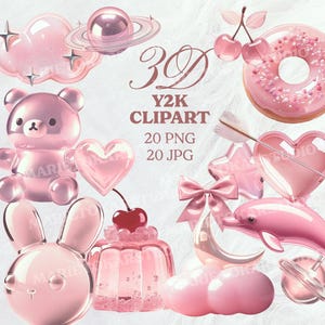 3D Y2K schattige kawaii glanzende digitale clipart – 20 glanzend roze ontwerpen: dolfijn, wolk, hart, halve maan in png, jpg voor digitale scrapbooking