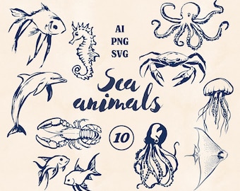 10 Ilustrações de Animais Marinhos em Linha | Clipart Marinho Costeiro PNG e SVG | Conjunto de Polvo, Golfinho, Água-viva e Peixes Desenhados à Mão no Oceano