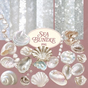 Può includere: Una collezione di varie conchiglie e perle bianche e iridescenti disposte su uno sfondo color malva. Un'etichetta ovale al centro mostra il testo SEA BUNDLE PNG. Lo sfondo presenta pannelli verticali di tessuto bianco con paillettes.