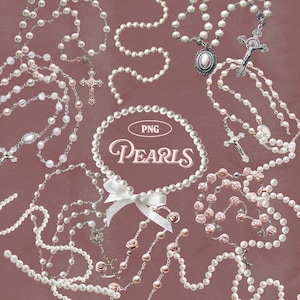 Puede incluir: Una variedad de collares de perlas y rosarios en varios diseños. Algunos collares presentan cruces y colgantes decorativos. La palabra "Pearls" se muestra en una fuente decorativa, en color rosa claro. El fondo es de color malva apagado.