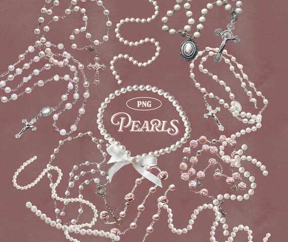 Coquette Pearls PNG Clipart, Rosary Cross Necklace PNG, Vintage Pearl Chain Graphics, Jewelry Clipart for Invitations & Collages, Scrapbook
