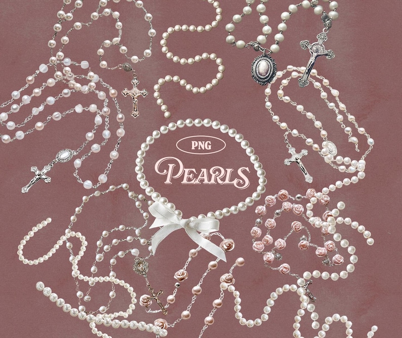 May include: An assortment of pearl necklaces and rosaries in various designs. Some necklaces feature crosses and decorative pendants. The word "Pearls" is displayed in a decorative font, with the letters in a light pink color. The background is a muted mauve color.