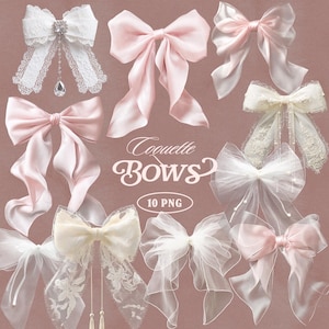 May include: Collection of ten bows in various styles and colors, including white, pink, and cream. Some bows feature lace, crystals, and long flowing ribbons. The text "Coquette Bows" and "10 PNG" are visible.