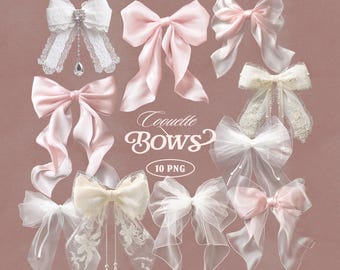 Coquette Bows PNG Bundle | 10 Realistic Satin & Lace Ribbons | Feminine Bow Clipart for Scrapbooking, Wedding Invitations, Design Projects