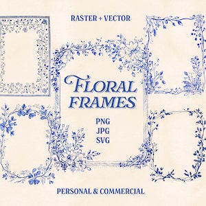 5 marcos botánicos dibujados a mano (imágenes prediseñadas, PNG, SVG, AI y JPG) Paquete de bordes florales vintage para manualidades digitales, invitaciones de boda y decoración