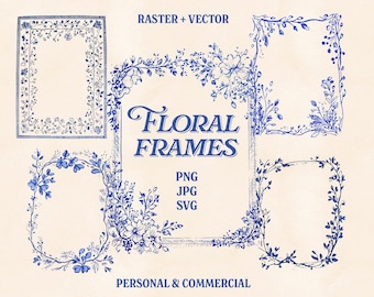 5 Hand Drawn Botanical Frames Clipart Png Svg Ai and Jpg Bundle Vintage Floral Borders for Digital Crafting Wedding Invitations & Decor