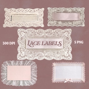 Op de afbeelding: Vijf kanten labels in verschillende rechthoekige vormen. De labels hebben een witte of roze achtergrond, met delicate kanten randen. Eén label heeft de tekst "LACE LABELS" op een roze lint. De achtergrond is een gedempte mauve kleur.