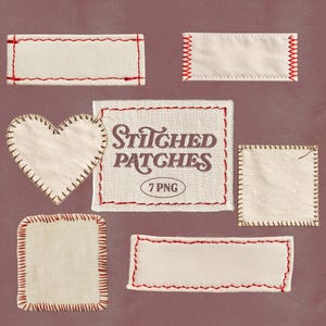Puede incluir: Una colección de siete parches cosidos de varias formas, incluyendo rectángulos, un cuadrado y un corazón. Los parches son de color blanco roto con costuras rojas o marrones. El parche central dice "Stitched Patches 7 PNG".