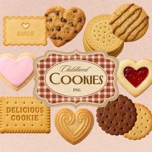 Op de afbeelding: Een verzameling koekjes in verschillende vormen, waaronder harten en rondjes. Sommige koekjes hebben chocolade chips, glazuur of een jamvulling. De afbeelding bevat de tekst "Childhood COOKIES PNG" en andere tekst met "AMOR" en "DELICIOUS COOKIE".