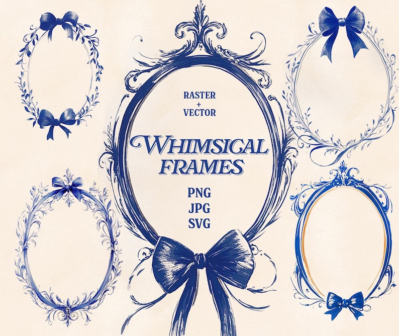 May include: Set of five blue watercolor whimsical frames with ornate details and bows. The frames are perfect for adding a touch of elegance to any project.  Raster + Vector, PNG, JPG, SVG.