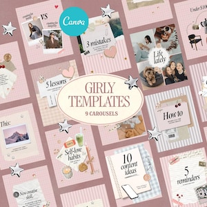 Op de afbeelding: Een verzameling van negen girly sjablonen, elk met een uniek ontwerp, op een roze achtergrond. De sjablonen bevatten verschillende thema's, waaronder zelfliefde-gewoonten, content-ideeën en het leven. Decoratieve sterren zijn verspreid.